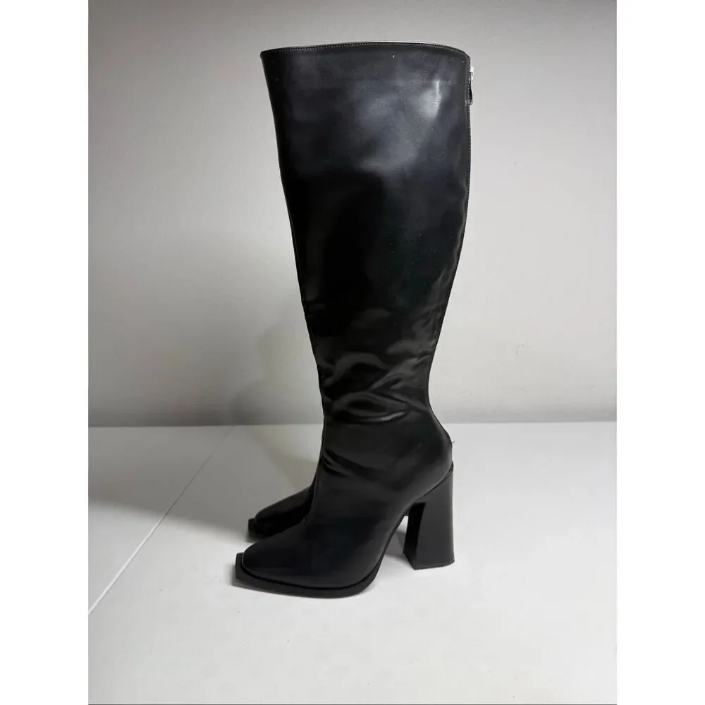 Black Faux Leather Knee High Boots Square Toe Block Heel Back Zip Sz 4